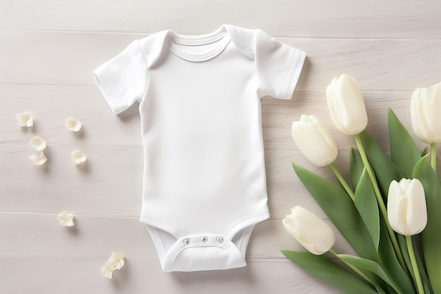 Maqueta de mono blanco de niña o niño fondo de hormigón gris con flores de tulipanes IA generativa