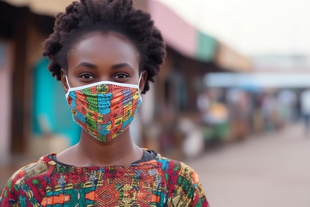 Maqueta de mujer africana con máscara facial en la nueva normalidad