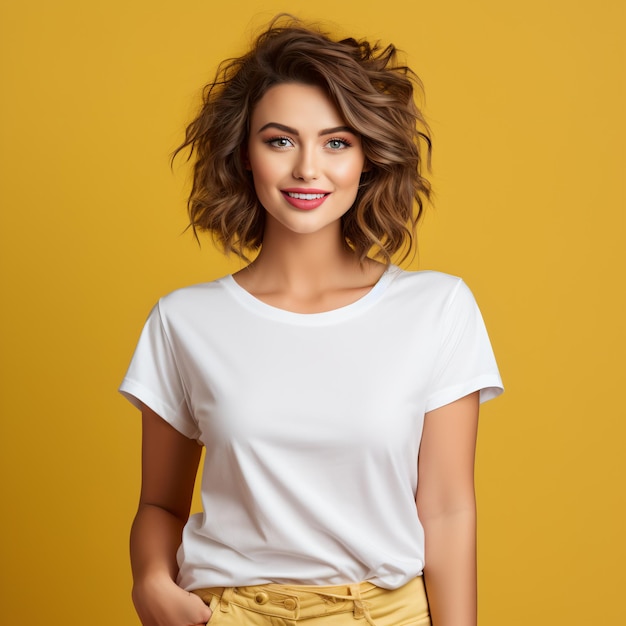 Maqueta de mujer sexy con una camiseta blanca sobre fondo naranja