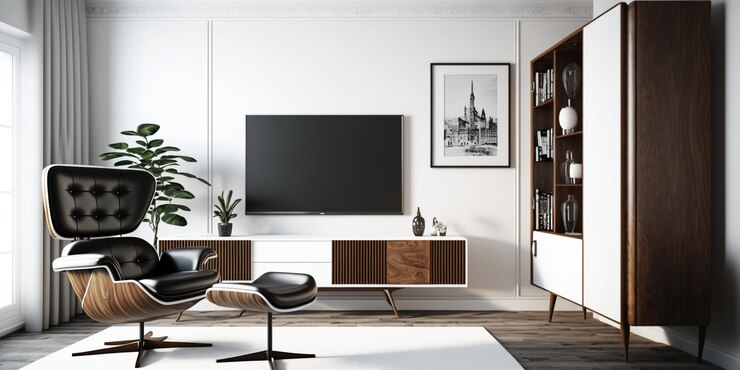 La maqueta o configuración interior de la sala de estar tiene un gabinete para televisión y un sillón de cuero en la sala blanca