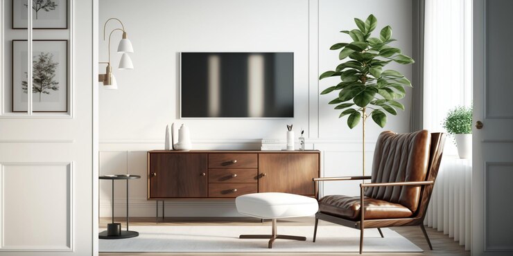 La maqueta o configuración interior de la sala de estar tiene un gabinete para televisión y un sillón de cuero en la sala blanca