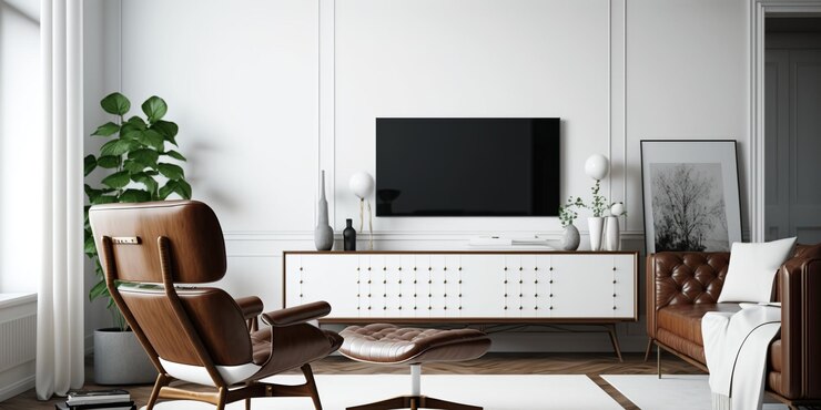 La maqueta o configuración interior de la sala de estar tiene un gabinete para televisión y un sillón de cuero en la sala blanca