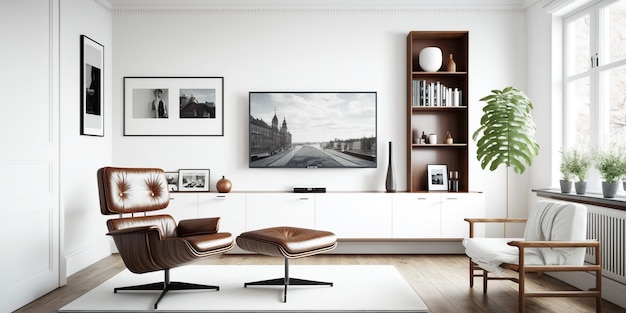 La maqueta o configuración interior de la sala de estar tiene un gabinete para televisión y un sillón de cuero en la sala blanca