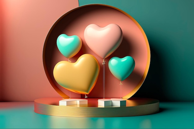 Maqueta de paisaje mínimo para el banner de exhibición de productos en Hearts en la plataforma de vidrio de fondo IA generativa