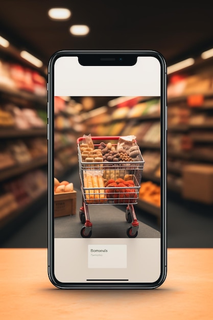 Maqueta de pantalla de aplicación de teléfono inteligente con carrito de compras de supermercado y cajas con espacio para copiar