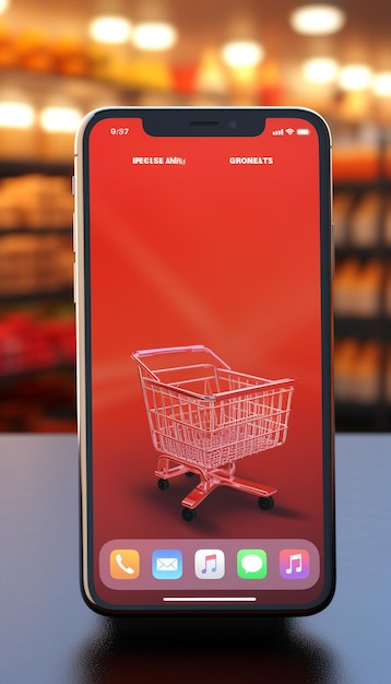 Foto maqueta de pantalla de aplicación de teléfono inteligente con carrito de compras de supermercado y cajas con espacio para copiar