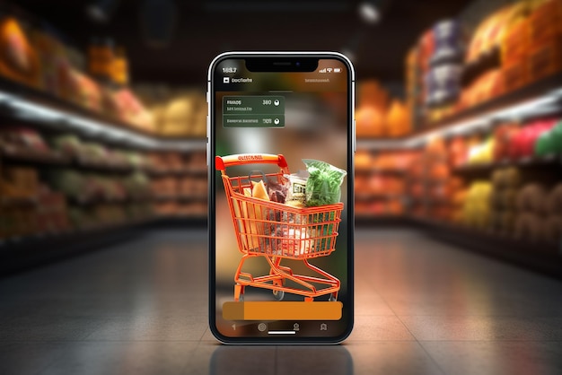 Foto maqueta de pantalla de aplicación de teléfono inteligente con carrito de compras de supermercado y cajas con espacio para copiar
