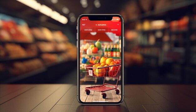 Maqueta de pantalla de aplicación de teléfono inteligente con carrito de compras de supermercado y cajas con espacio para copiar