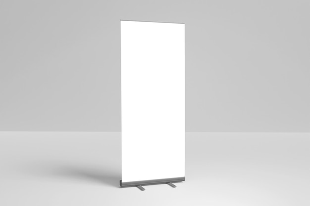 Foto maqueta de pantalla de banner enrollable blanco en blanco, aislado, renderizado 3d