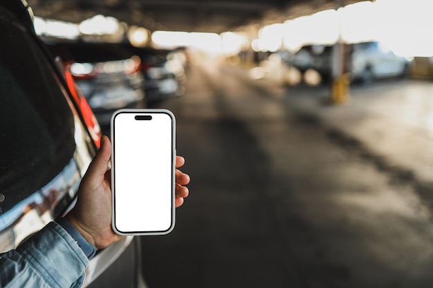 Maqueta de pantalla en blanco de teléfono móvil para aplicación o sitio web Maqueta de promoción Ideal para concesionarios de automóviles Servicio de automóviles en línea concepto de automóvil inteligente Compras de automóviles en línea