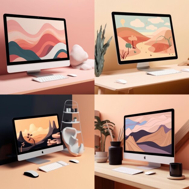 La maqueta de la pantalla de una PC o computadora portátil contiene una ilustración de color claro pastel Generative ai