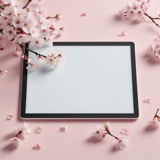 Maqueta de pantalla de una tableta moderna sobre un fondo blanco con flores