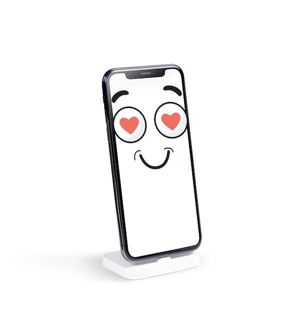 Maqueta de pantalla de teléfono inteligente moderno y cara de emoticon sonriente con ilustración de ojos de corazón