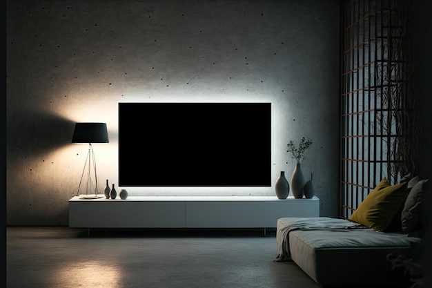 Maqueta de una pantalla de televisión que brilla intensamente por la noche en una habitación con un muro de hormigón