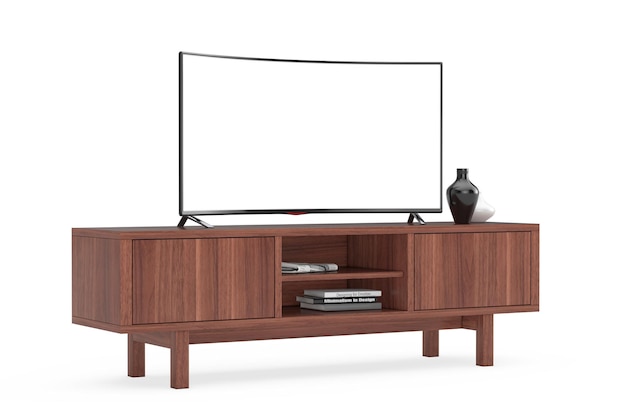 Foto maqueta de pantalla de tv inteligente led o lcd curvada moderna sobre estante de consola de madera representación 3d