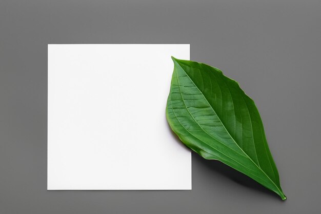 Una maqueta de papel blanco armoniosamente adornado con una hoja fresca que revela una fusión delicada