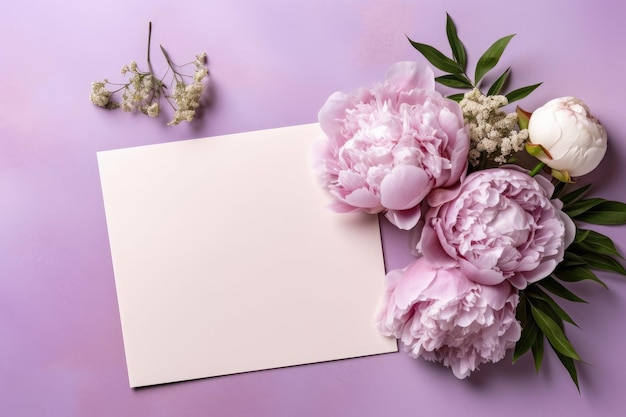 Maqueta de papel blanco en blanco con flor de peonía con tarjeta de felicitación Copiar espacio Weber de imagen generativa de IA