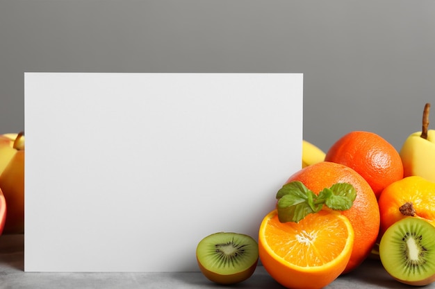 Maqueta de papel blanco mejorada con fruta fresca que crea un festín visual de diseño saludable y vibrante