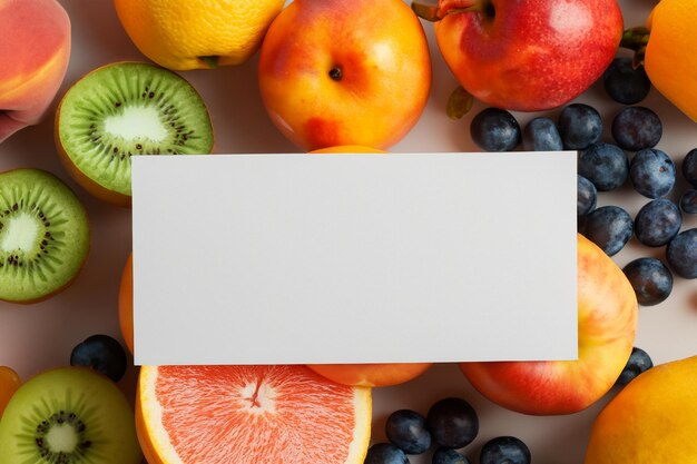 Foto maqueta de papel blanco mejorada con fruta fresca que crea un festín visual de diseño saludable y vibrante