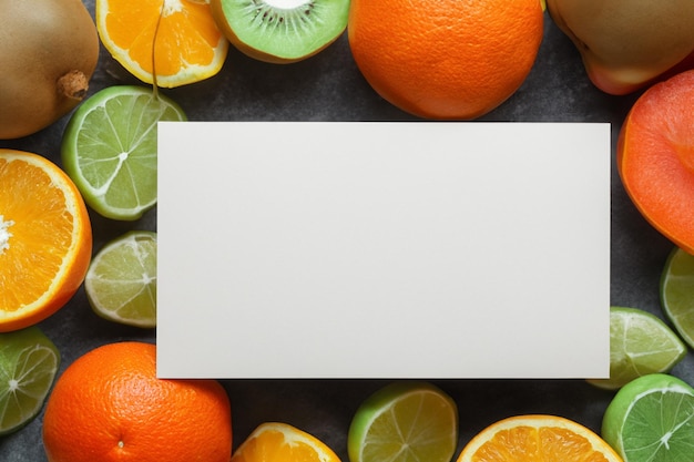 Maqueta de papel blanco mejorada con fruta fresca que crea un festín visual de diseño saludable y vibrante