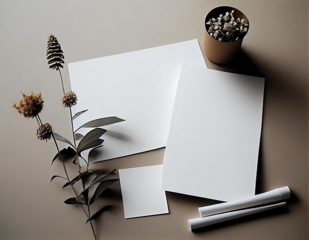 Foto maqueta de papel flatlay en la mesa diseño moderno y minimalista creado con ia generativa