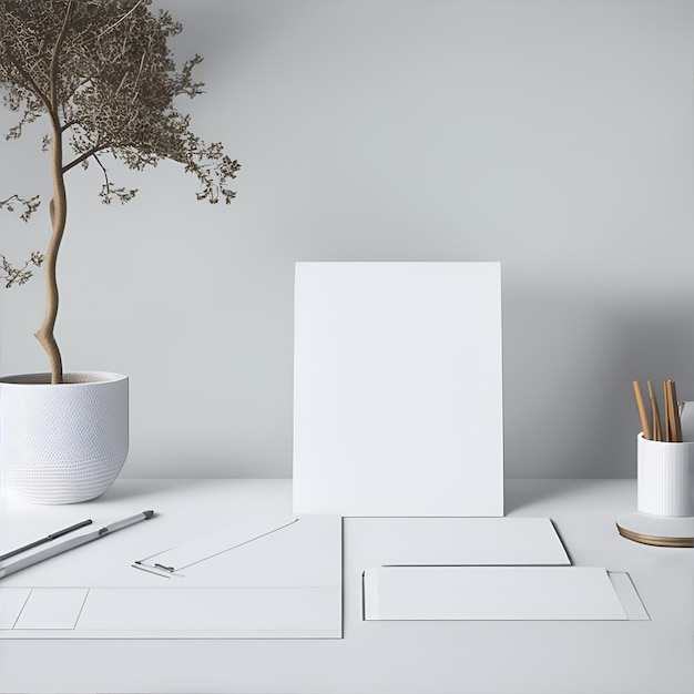 Maqueta de papelería blanca de vista frontal blanca con una planta