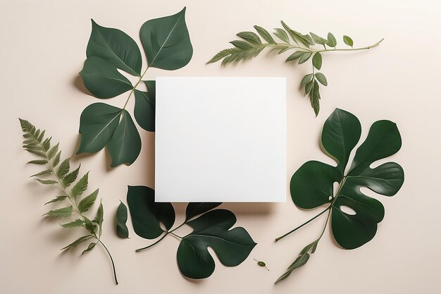 Maqueta de papelería de bodas de verano Invitación de tarjeta de felicitación en blanco y hojas de lentisco verde oscuro en fondo de mesa beige a la luz del sol Superposición de luz y sombra natural Vista superior plana