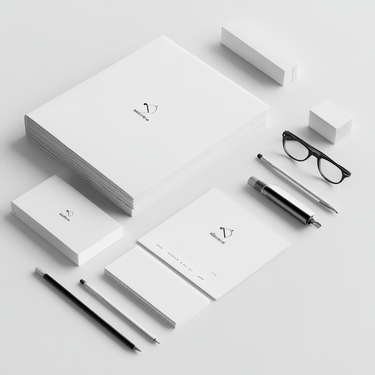Foto maqueta de papelería con un logotipo un bolígrafo un lápiz y gafas