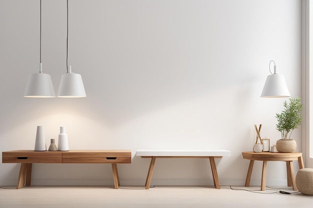 Maqueta de pared blanca en blanco con mesa de madera y lámparas