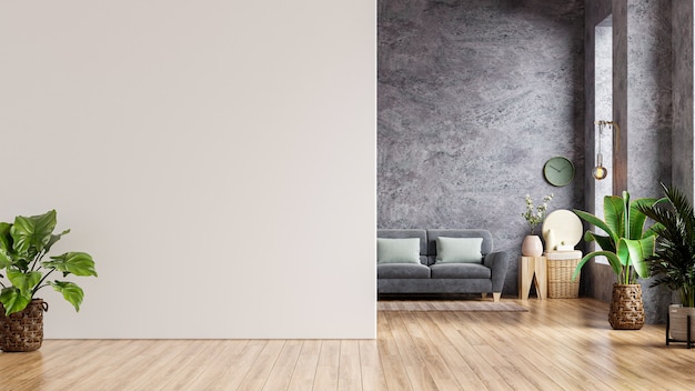 Maqueta de pared blanca en casa estilo loft con sofá y accesorios en la habitación. Representación 3D.