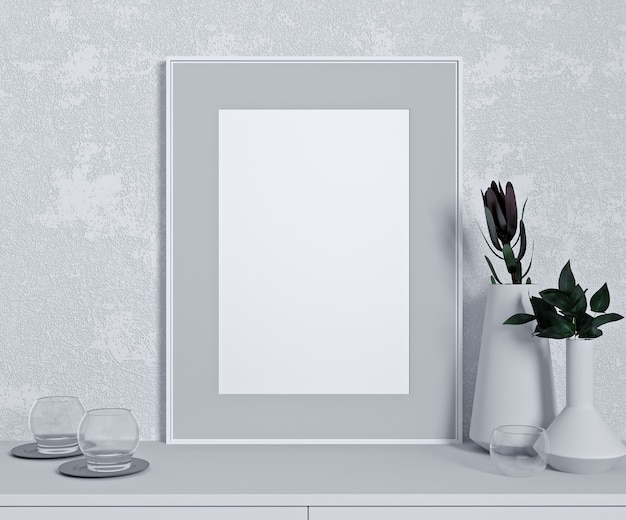 Maqueta de pared blanca en un interior moderno, de cerca con una planta verde en una mesa blanca, un diseño minimalista, una representación 3d