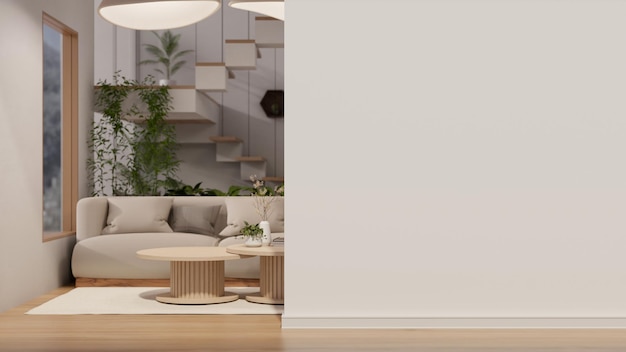 Una maqueta de pared blanca vacía y una sala de estar moderna y contemporánea con un cómodo sofá