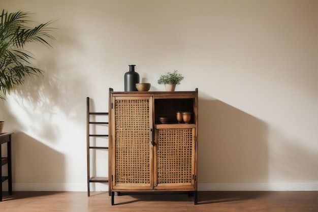 Maqueta de pared estilo Scandi Boho en una habitación sencilla con muebles de madera IA generativa