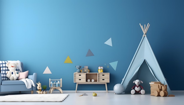 Maqueta de pared en la habitación de los niños con fondo de pared azul