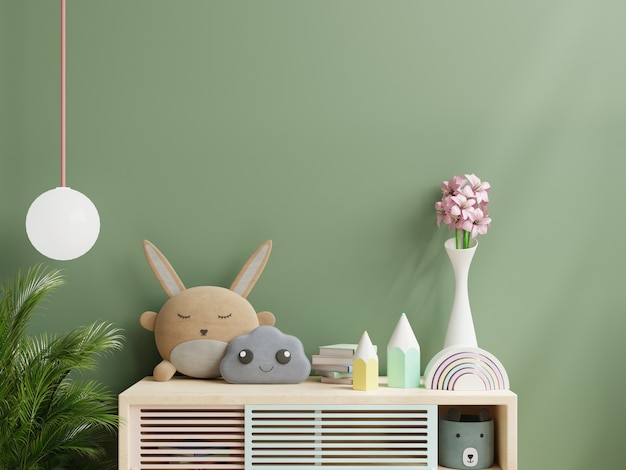 Maqueta de pared en la habitación de los niños con gabinete en fondo de pared de color verde Representación 3D