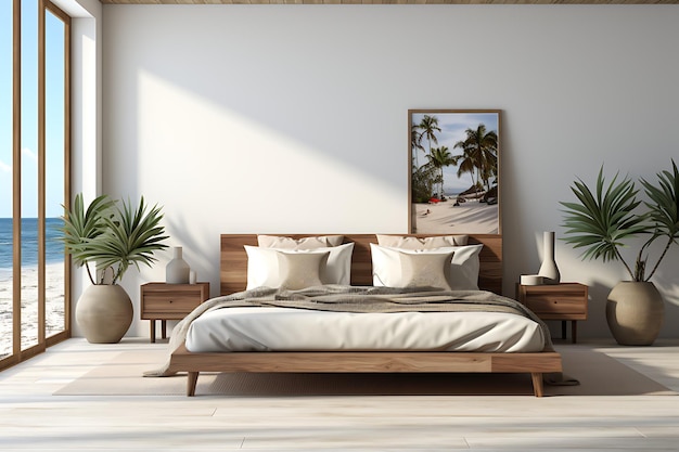 Maqueta de pared interior de casa con cojines de cama deshechos, cortinas y plantas verdes en un dormitorio blanco