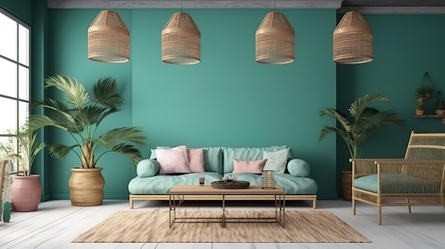 Maqueta de pared interior estilo boho costero render 3d Color brillante Generativo Ai