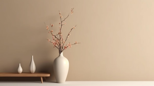 Maqueta de pared interior con jarrón de flores, pared color crema y gabinete de madera IA generativa