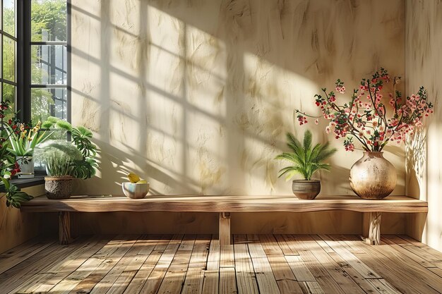 Una maqueta de pared interior con un jarrón de flores paredes de color crema y gabinetes de madera