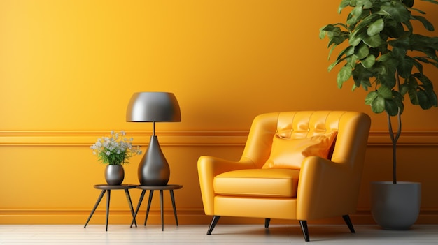 Maqueta de pared interior moderna con sillón sobre fondo de pared amarillo vacío