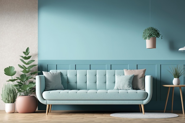 Maqueta de la pared interior de una sala de estar con un sofá azul claro y una pared azul a la derecha que está desocupada