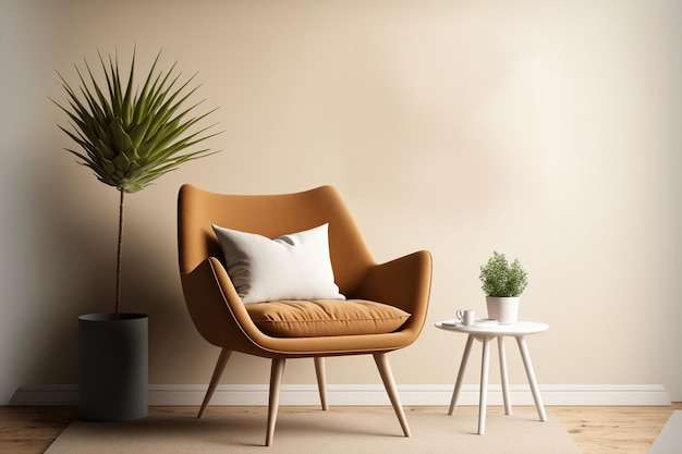 Maqueta de pared interior de sala de estar en tonos cálidos con una silla y un diseño simple
