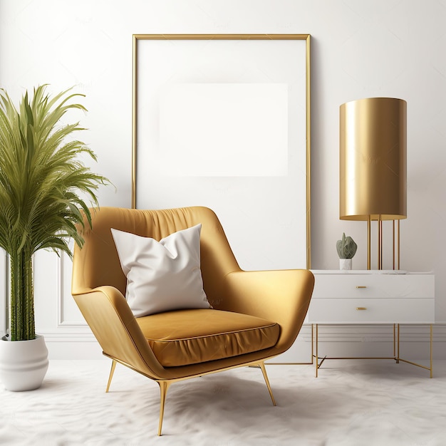 Maqueta de la pared interior de la sala de estar en tonos cálidos con un sillón dorado y un fondo de una pared blanca creada por IA generativa