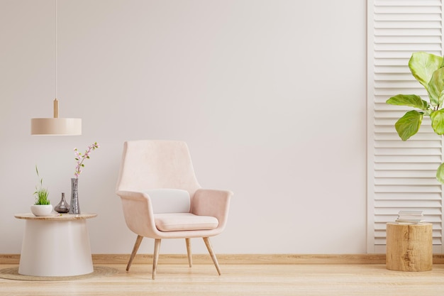 Maqueta de pared interior de sala de estar en tonos cálidos con sillón rosa, diseño minimalista Representación 3D