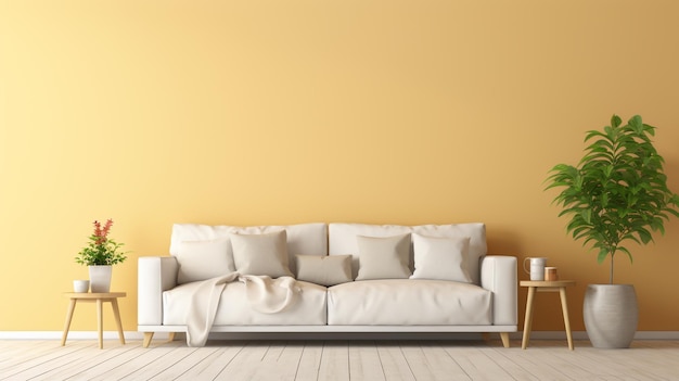 Maqueta de pared interior de la sala de estar en tonos cálidos con sofá en fondo de pared vacía