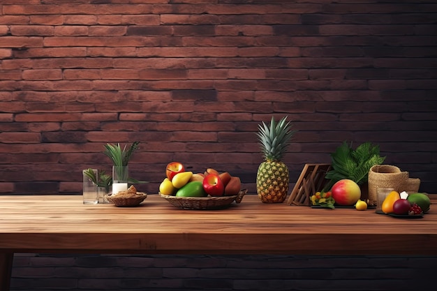 Maqueta de una pared de ladrillo y una mesa tropical con una parte superior vacía