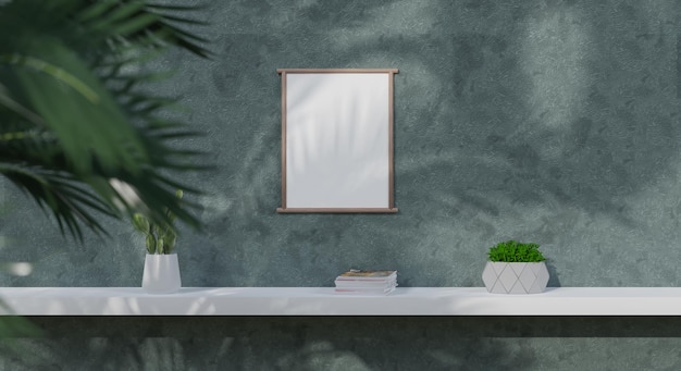 Maqueta de pared con planta verdePared verde y repisaRepresentación 3D