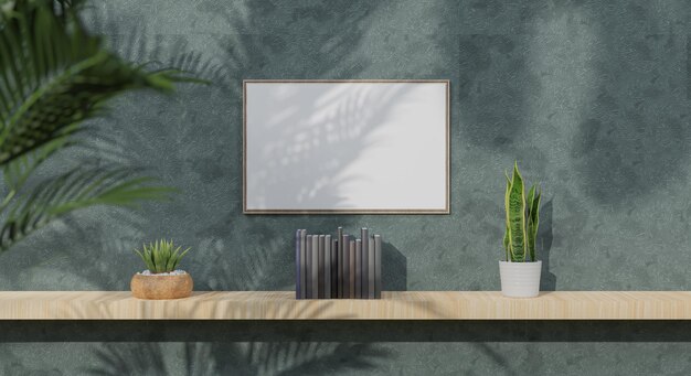 Maqueta de pared con planta verdePared verde y repisaRepresentación 3D