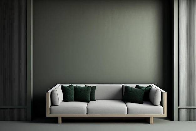 Maqueta de pared de sala de estar interior con sofá y almohadas espacio de copia negativa interior moderno sobre IA generativa