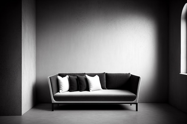 Maqueta de pared de sala de estar interior con sofá y almohadas espacio de copia negativa interior moderno sobre IA generativa